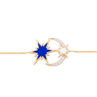 Gold Bracelet: Moon wt Sparkle Blue Enamel Diamond