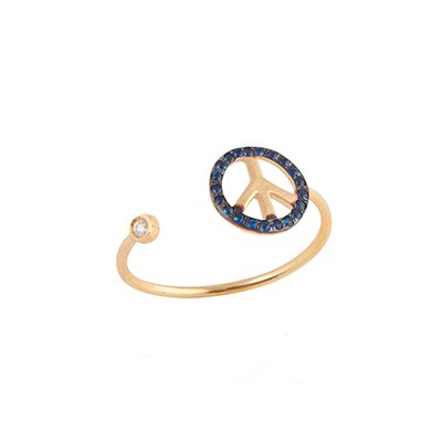 Gold Ring: Peace with white Diamond, Blue Sapphire