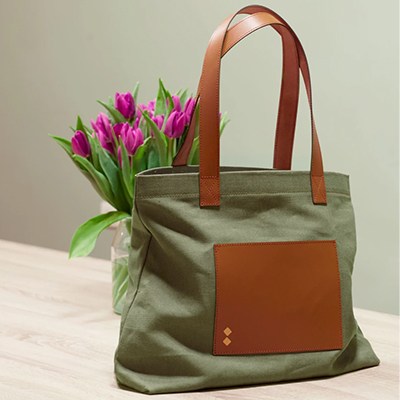 Bag: Canvas and Leather Tote Bag, Kaki