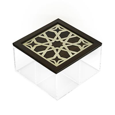 Tea Box: Moucharabieh, Gold, Wood, Brass, Plexi