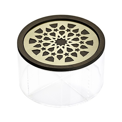 Round Box: Moucharabieh, Wood, Brass, Plexiglas