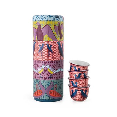 Tin Box + 4 Chaffe Coffee Cups in Porcelain, Birds