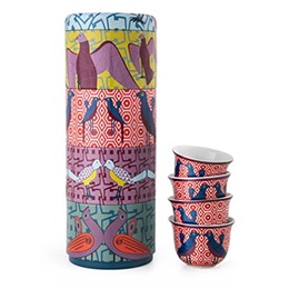 Tin Box + 4 Chaffe Coffee Cups in Porcelain, Birds