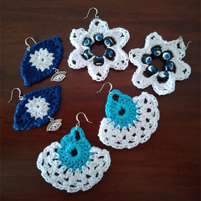 Earrings: Crochet Cotton, Evil Eye