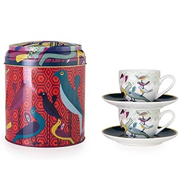  Tin Box + 2 Coffee Cups + Saucers, Birds