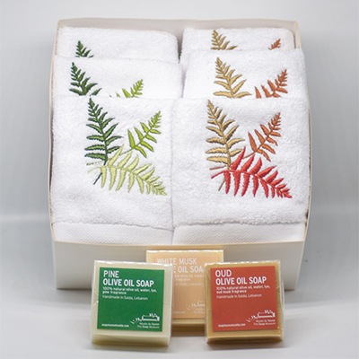 Soaps and Embroidered Guest Towels, Fern