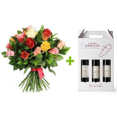 Flowerss & Wine:  24 Roses + 3 Bottles Sanctus
