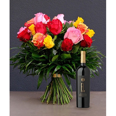 Arrangement of Flowers: Wine + 24 Roses + 1 Ixsir EL